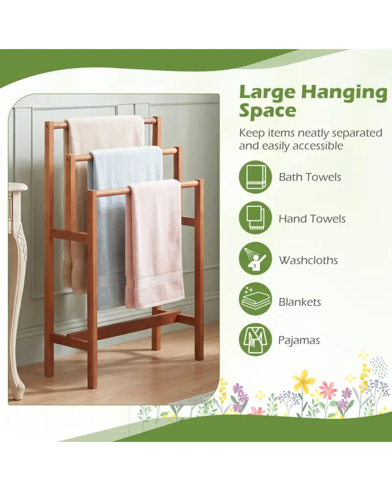 Solid Wood 3-Tier Freestanding Towel Rack with Teak Oil Finish - Natural - Towel Racks