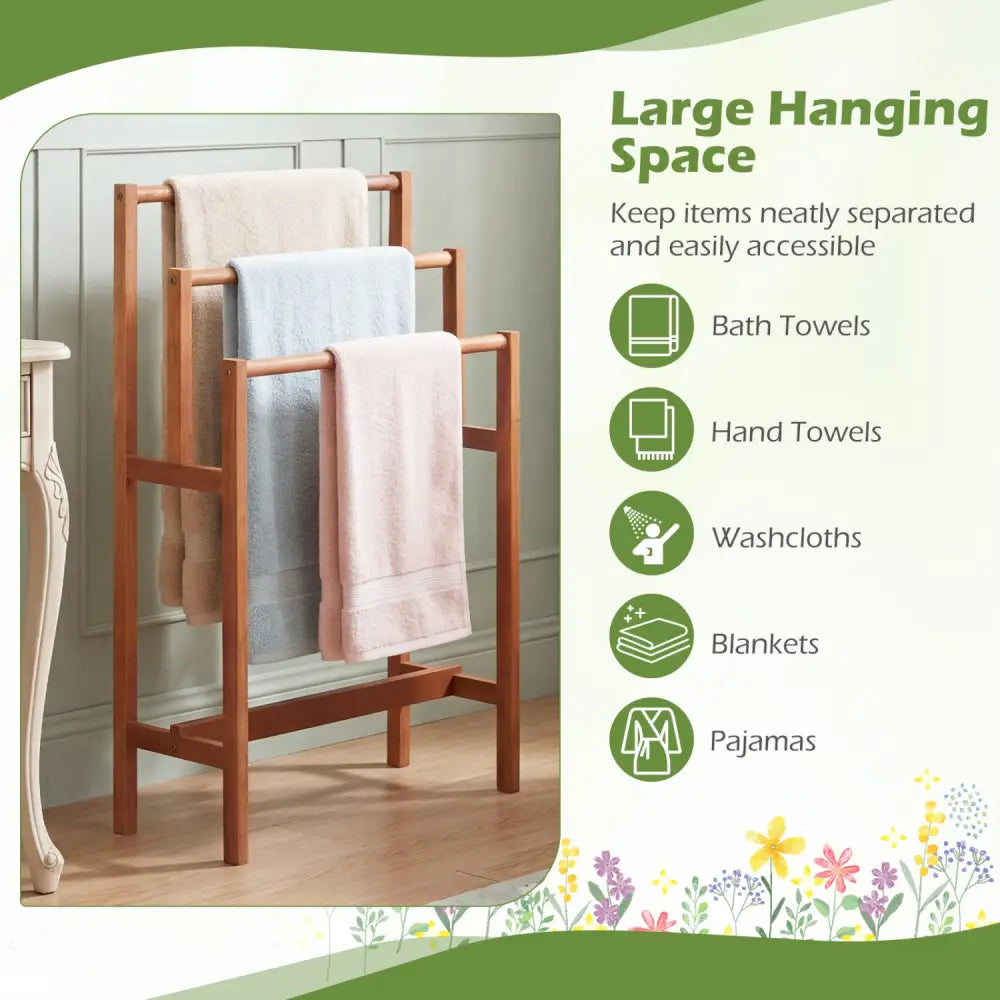 Solid Wood 3-Tier Freestanding Towel Rack with Teak Oil Finish - Natural - Towel Racks