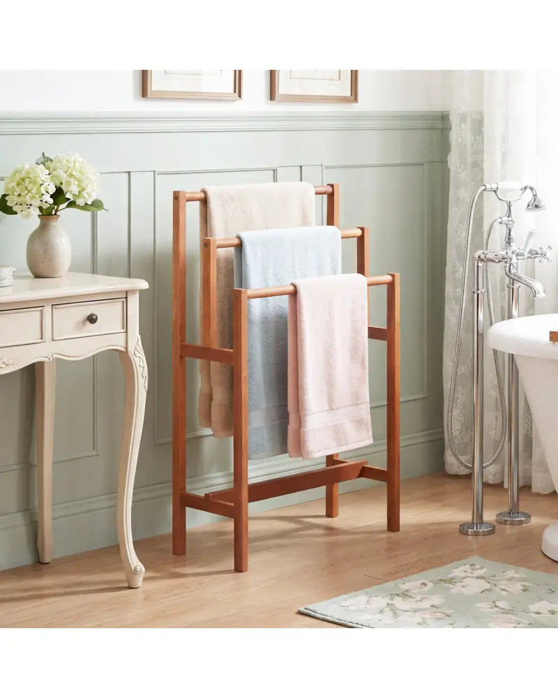Solid Wood 3-Tier Freestanding Towel Rack with Teak Oil Finish - Natural - Towel Racks
