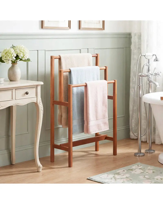 Solid Wood 3-Tier Freestanding Towel Rack with Teak Oil Finish - Natural - Towel Racks