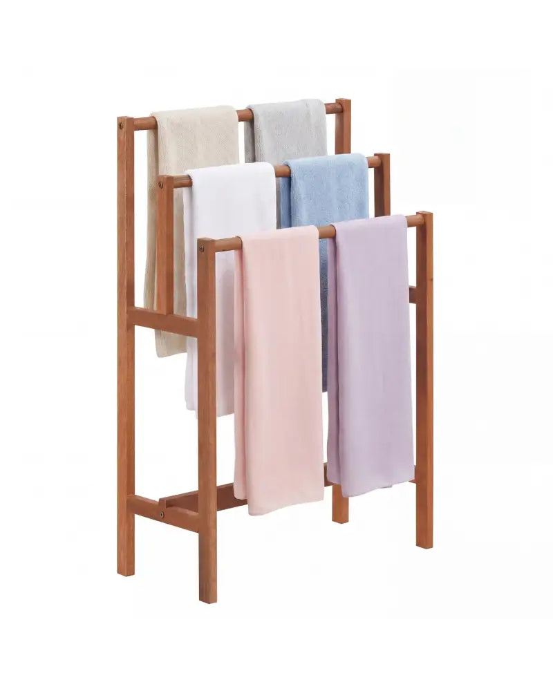 Solid Wood 3-Tier Freestanding Towel Rack with Teak Oil Finish - Natural - Towel Racks
