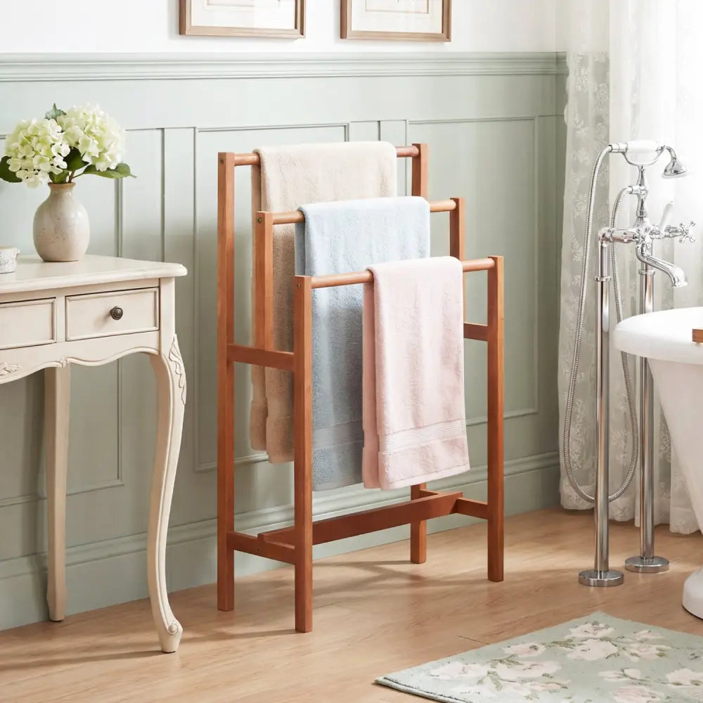 Solid Wood 3-Tier Freestanding Towel Rack with Teak Oil Finish - Natural - Towel Racks