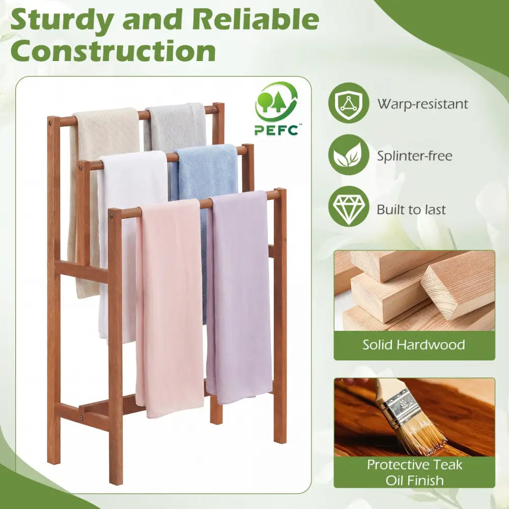 Solid Wood 3-Tier Freestanding Towel Rack with Teak Oil Finish - Natural - Towel Racks