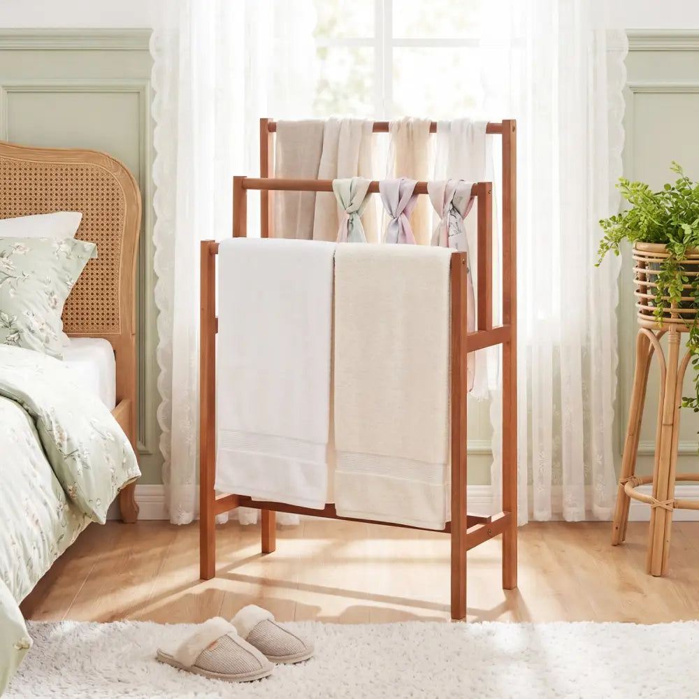Solid Wood 3-Tier Freestanding Towel Rack with Teak Oil Finish - Natural - Towel Racks