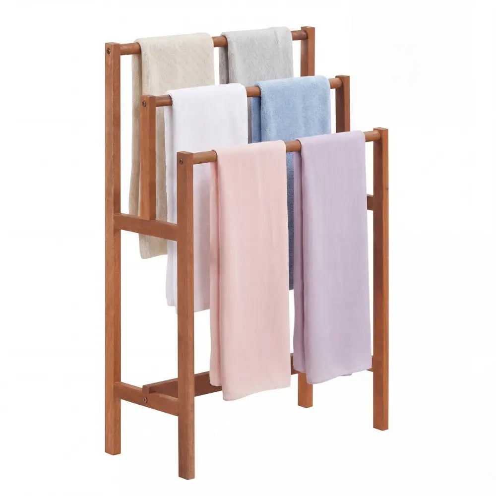 Solid Wood 3-Tier Freestanding Towel Rack with Teak Oil Finish - Natural - Towel Racks