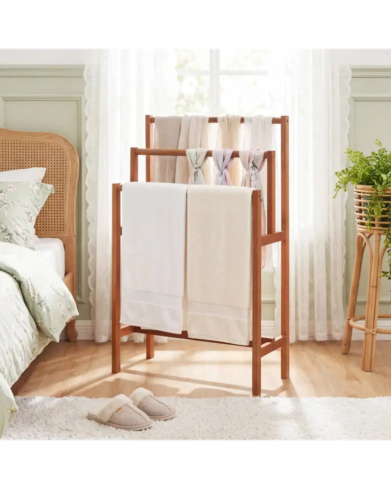 Solid Wood 3-Tier Freestanding Towel Rack with Teak Oil Finish - Natural - Towel Racks