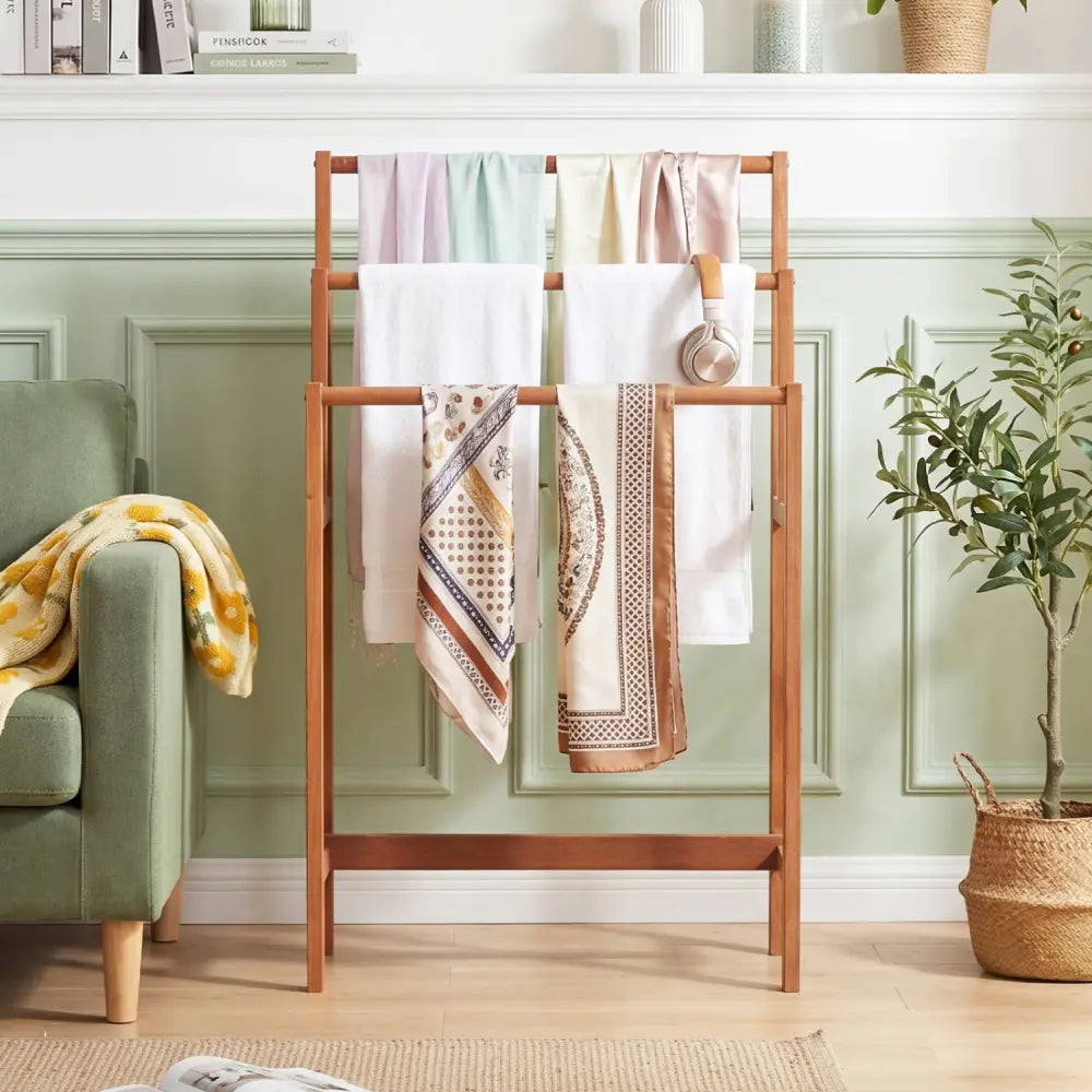 Solid Wood 3-Tier Freestanding Towel Rack with Teak Oil Finish - Natural - Towel Racks