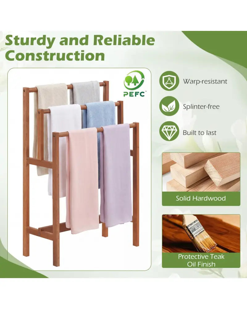 Solid Wood 3-Tier Freestanding Towel Rack with Teak Oil Finish - Natural - Towel Racks