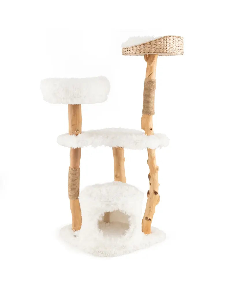 Solid Wood Cat Tower with Top Cattail Basket Cat Bed for Indoor Cats-White - White - Cat Trees Condos & Scratchers