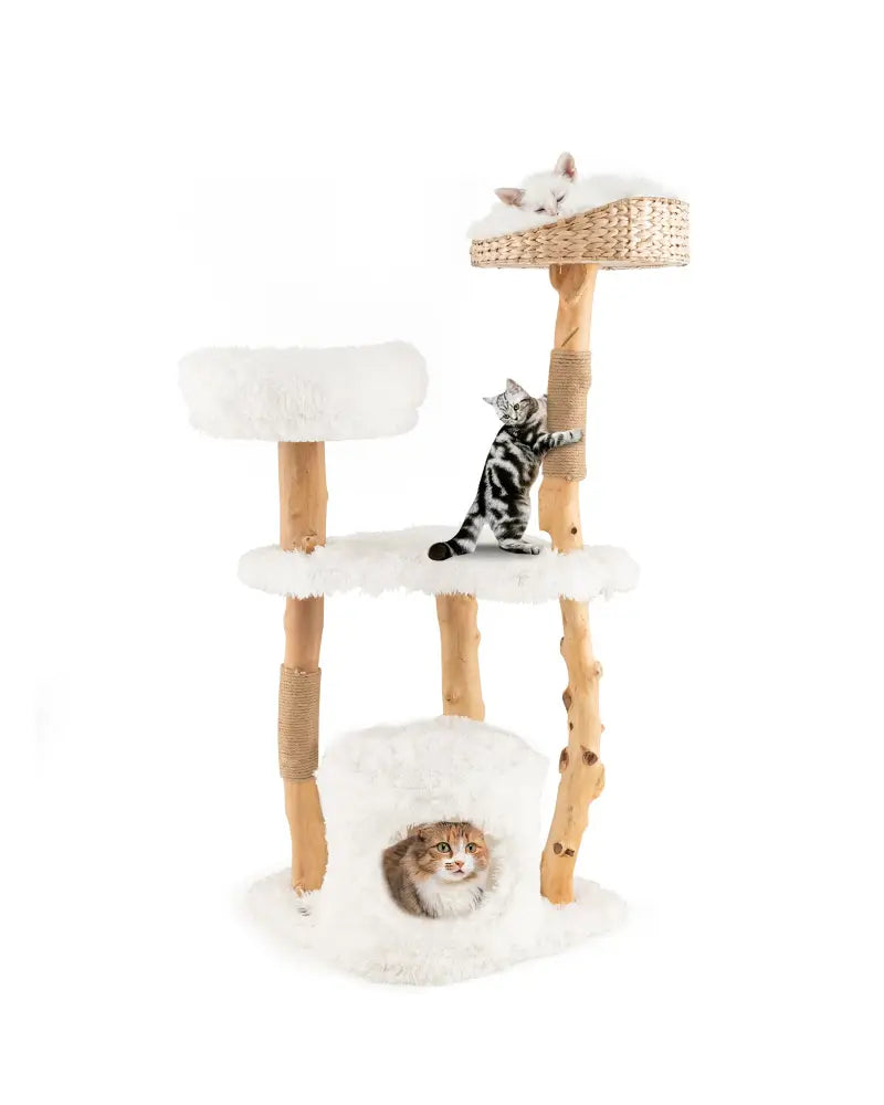 Solid Wood Cat Tower with Top Cattail Basket Cat Bed for Indoor Cats-White - White - Cat Trees Condos & Scratchers