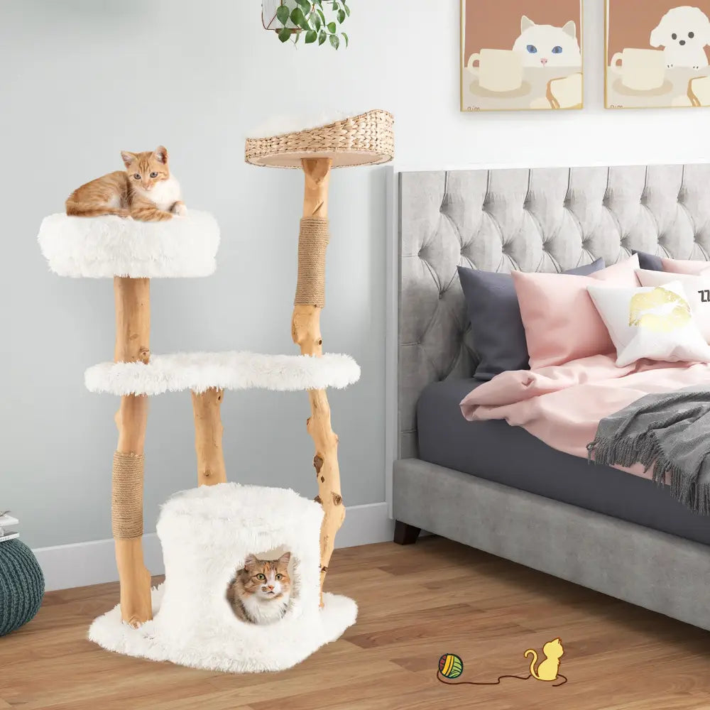 Solid Wood Cat Tower with Top Cattail Basket Cat Bed for Indoor Cats-White - White - Cat Trees Condos & Scratchers