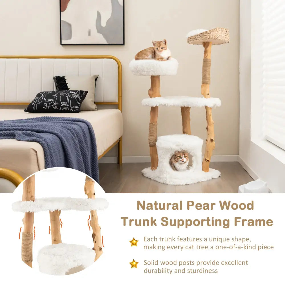 Solid Wood Cat Tower with Top Cattail Basket Cat Bed for Indoor Cats-White - White - Cat Trees Condos & Scratchers
