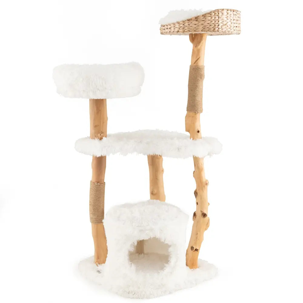 Solid Wood Cat Tower with Top Cattail Basket Cat Bed for Indoor Cats-White - White - Cat Trees Condos & Scratchers