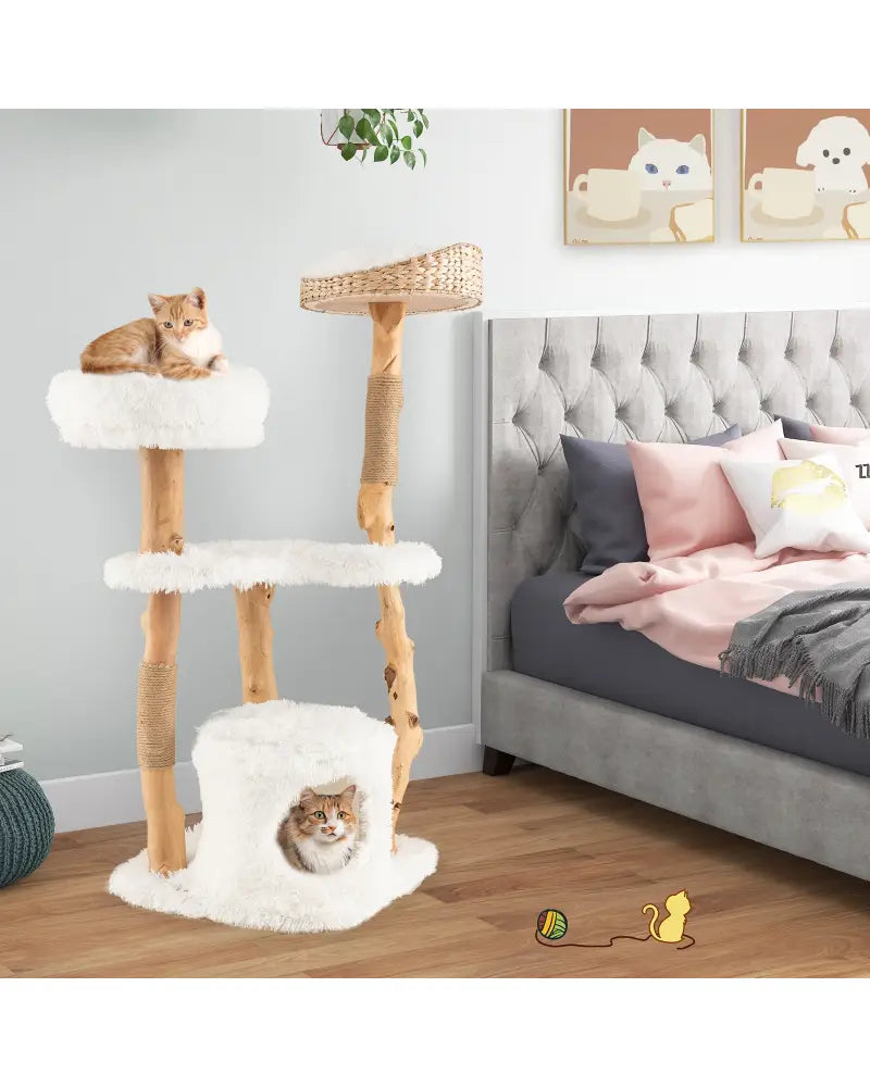 Solid Wood Cat Tower with Top Cattail Basket Cat Bed for Indoor Cats-White - White - Cat Trees Condos & Scratchers
