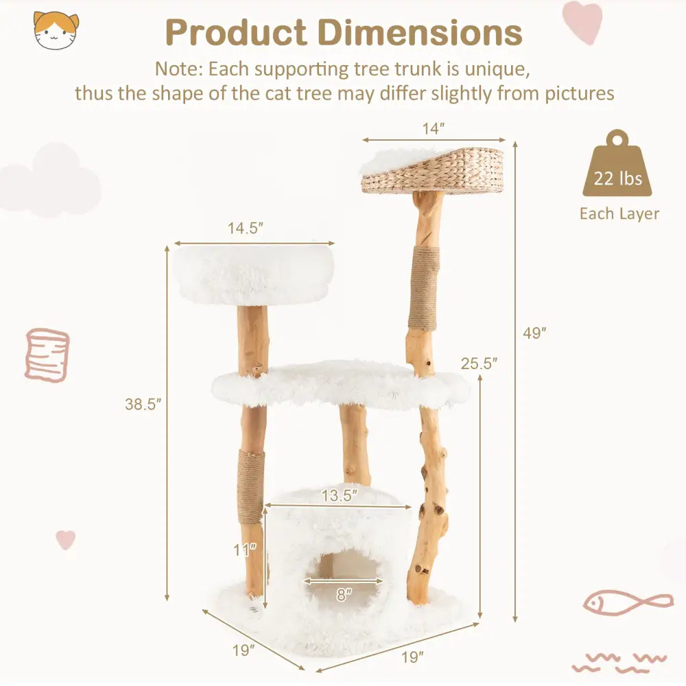 Solid Wood Cat Tower with Top Cattail Basket Cat Bed for Indoor Cats-White - White - Cat Trees Condos & Scratchers