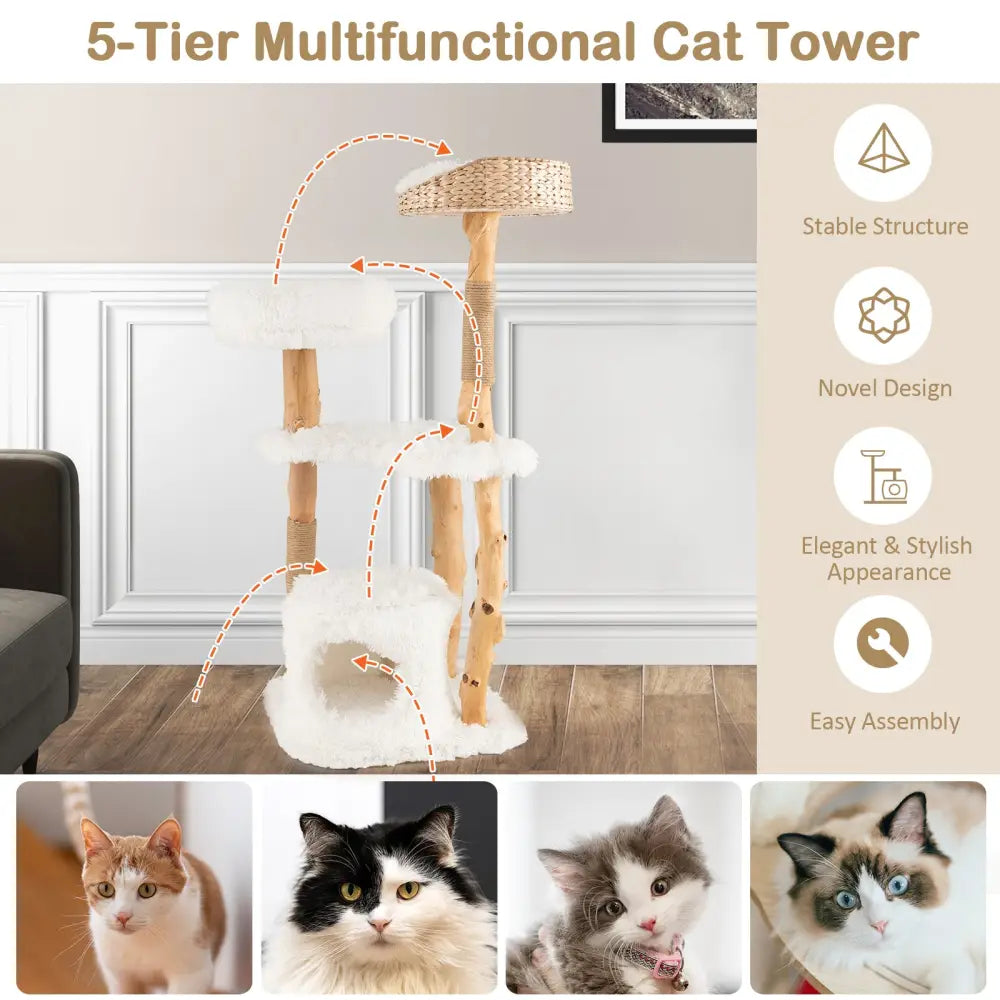 Solid Wood Cat Tower with Top Cattail Basket Cat Bed for Indoor Cats-White - White - Cat Trees Condos & Scratchers
