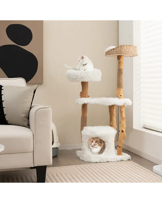 Solid Wood Cat Tower with Top Cattail Basket Cat Bed for Indoor Cats-White - White - Cat Trees Condos & Scratchers