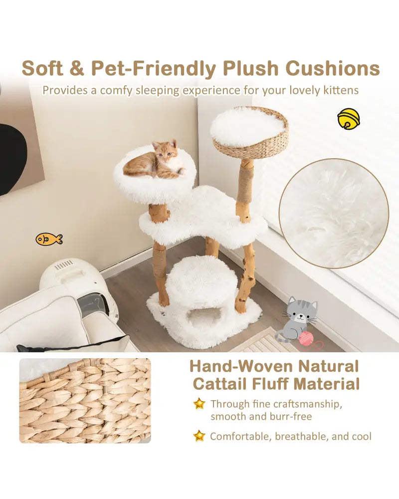 Solid Wood Cat Tower with Top Cattail Basket Cat Bed for Indoor Cats-White - White - Cat Trees Condos & Scratchers