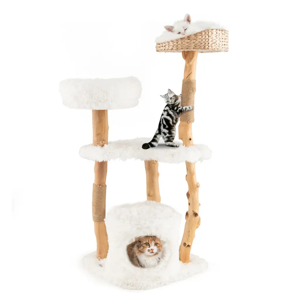 Solid Wood Cat Tower with Top Cattail Basket Cat Bed for Indoor Cats-White - White - Cat Trees Condos & Scratchers