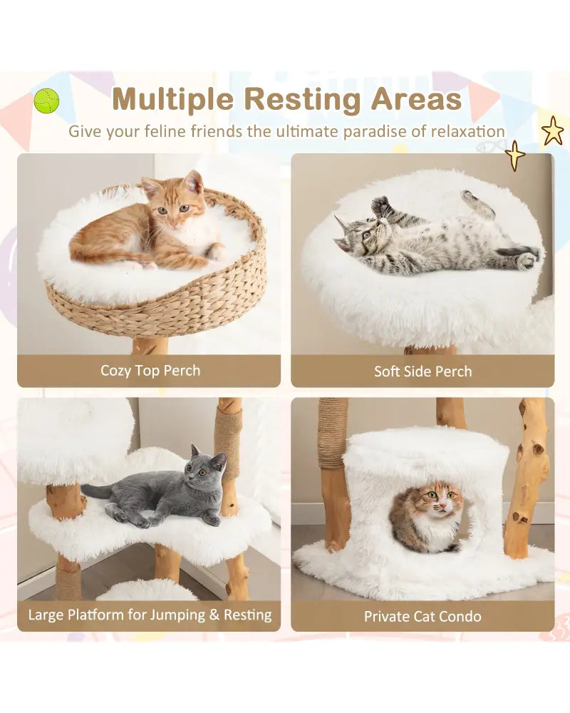 Solid Wood Cat Tower with Top Cattail Basket Cat Bed for Indoor Cats-White - White - Cat Trees Condos & Scratchers