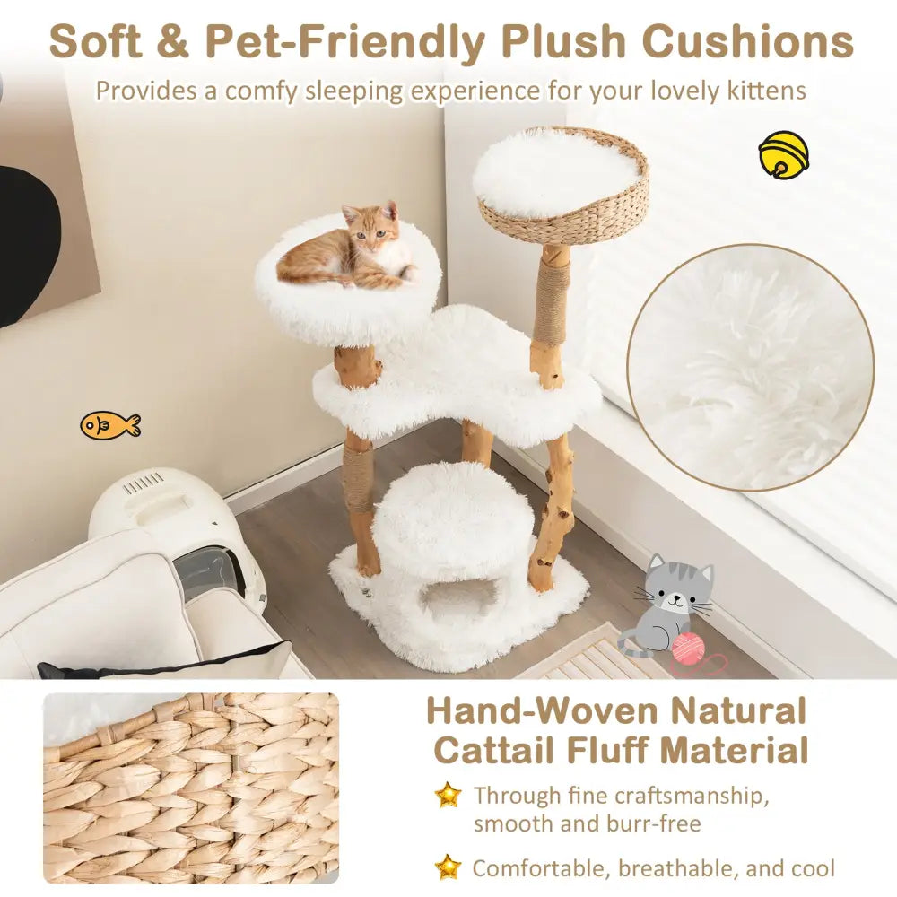 Solid Wood Cat Tower with Top Cattail Basket Cat Bed for Indoor Cats-White - White - Cat Trees Condos & Scratchers