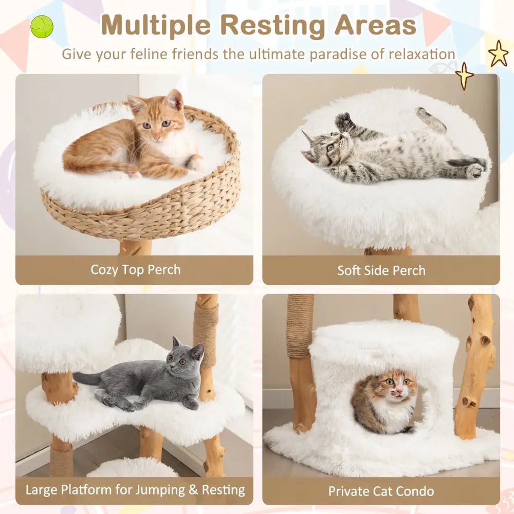 Solid Wood Cat Tower with Top Cattail Basket Cat Bed for Indoor Cats-White - White - Cat Trees Condos & Scratchers