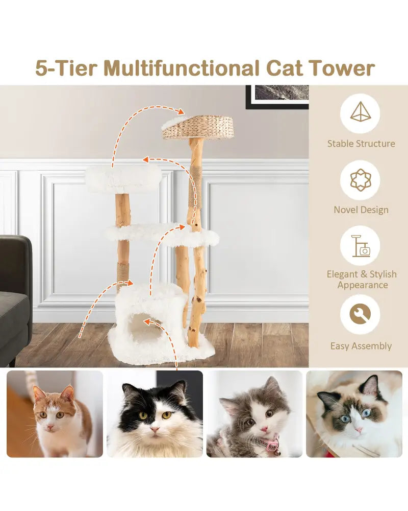 Solid Wood Cat Tower with Top Cattail Basket Cat Bed for Indoor Cats-White - White - Cat Trees Condos & Scratchers