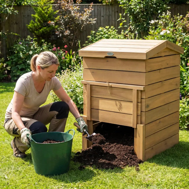 Solid Wood Compost Bin with Lockable Sliding Door and Flip-top Opening for Garden - Natural - Garden Tools