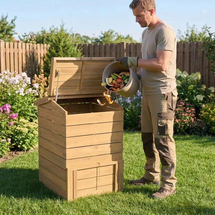 Solid Wood Compost Bin with Lockable Sliding Door and Flip-top Opening for Garden - Natural - Garden Tools
