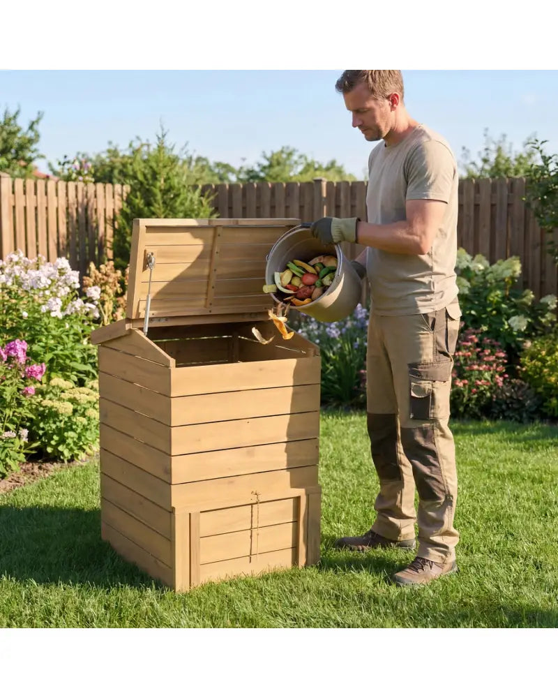 Solid Wood Compost Bin with Lockable Sliding Door and Flip-top Opening for Garden - Natural - Garden Tools