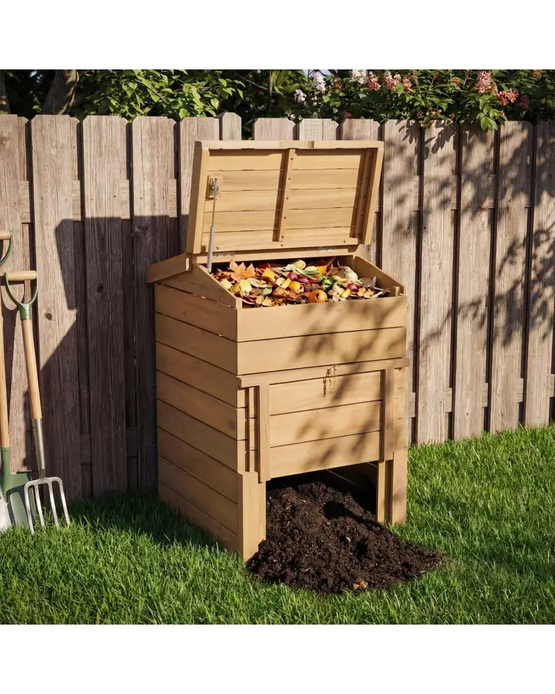 Solid Wood Compost Bin with Lockable Sliding Door and Flip-top Opening for Garden - Natural - Garden Tools