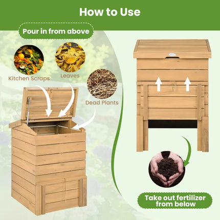Solid Wood Compost Bin with Lockable Sliding Door and Flip-top Opening for Garden - Natural - Garden Tools