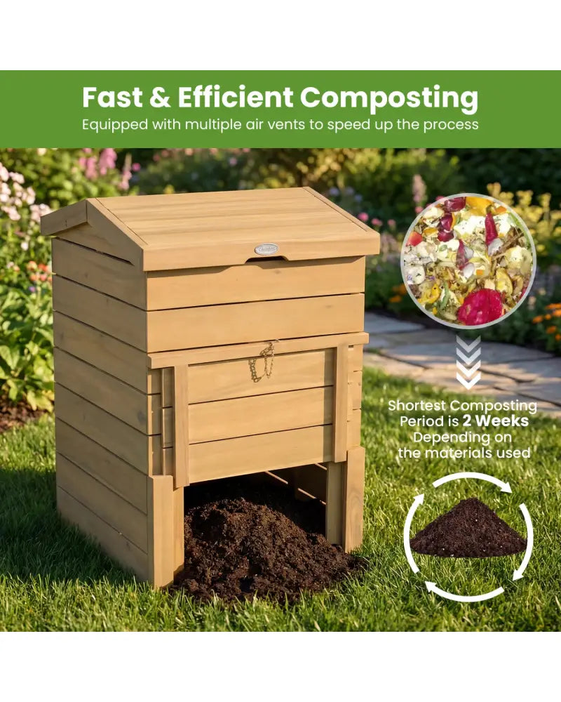 Solid Wood Compost Bin with Lockable Sliding Door and Flip-top Opening for Garden - Natural - Garden Tools