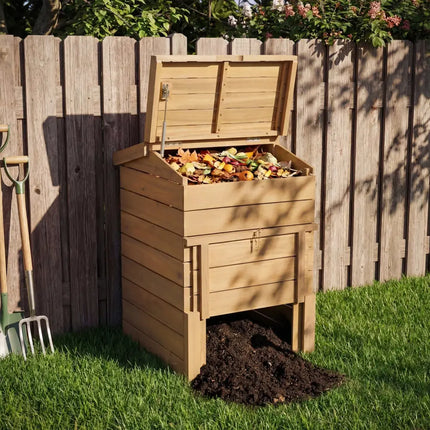 Solid Wood Compost Bin with Lockable Sliding Door and Flip-top Opening for Garden - Natural - Garden Tools