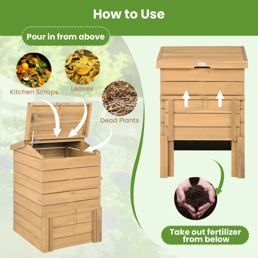 Solid Wood Compost Bin with Lockable Sliding Door and Flip-top Opening for Garden - Natural - Garden Tools