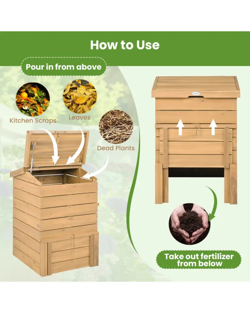 Solid Wood Compost Bin with Lockable Sliding Door and Flip-top Opening for Garden - Natural - Garden Tools