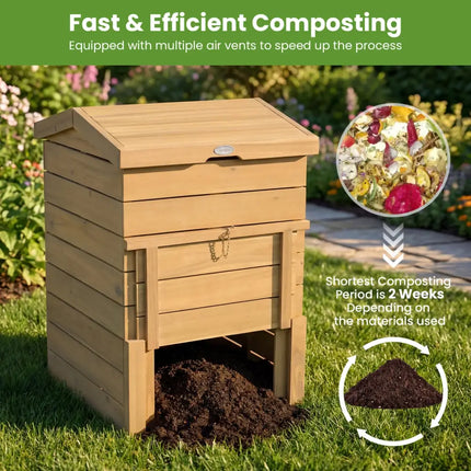 Solid Wood Compost Bin with Lockable Sliding Door and Flip-top Opening for Garden - Natural - Garden Tools