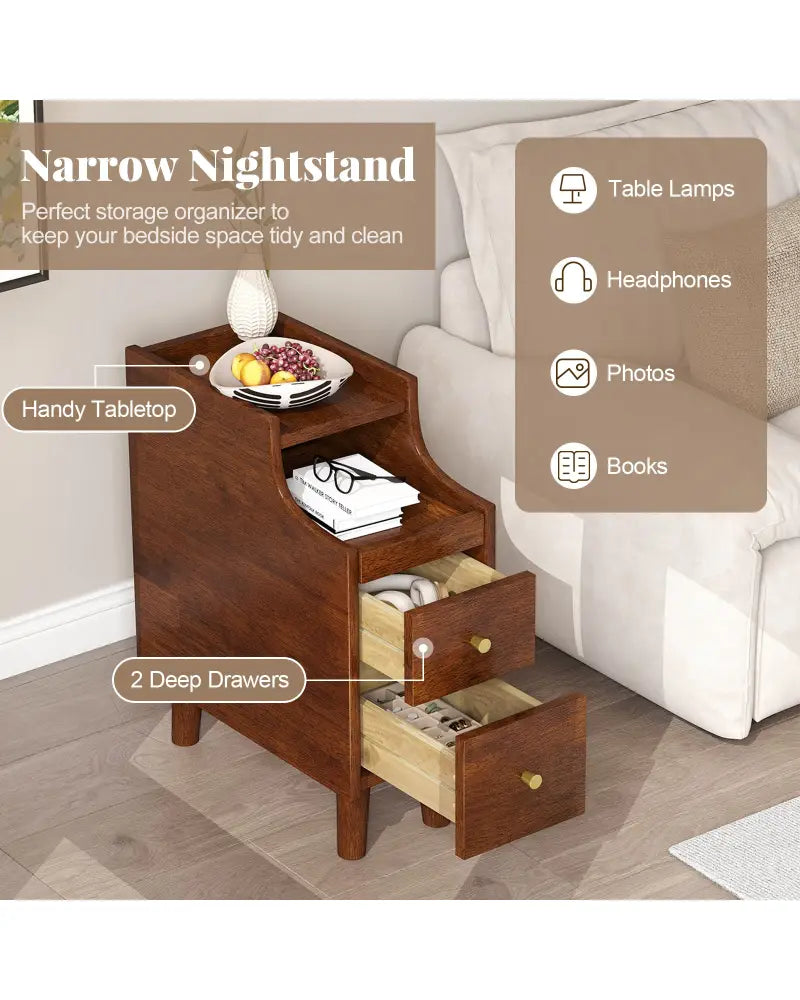 Solid Wood End Table Narrow Bedside Table with Pull-out Tray and 2 Storage Drawers-Brown - Brown - Nightstands