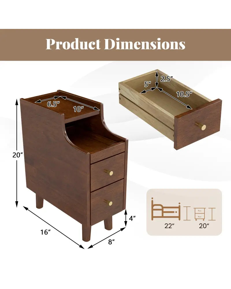 Solid Wood End Table Narrow Bedside Table with Pull-out Tray and 2 Storage Drawers-Brown - Brown - Nightstands