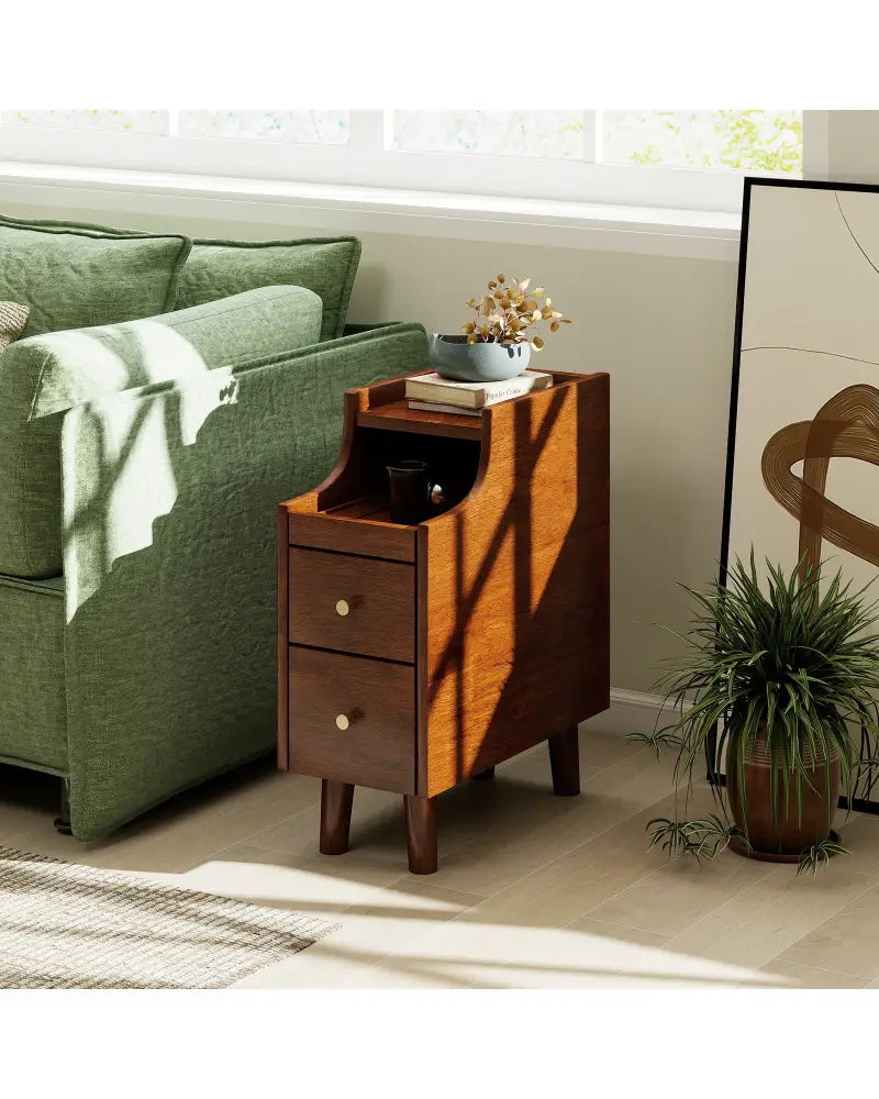 Solid Wood End Table Narrow Bedside Table with Pull-out Tray and 2 Storage Drawers-Brown - Brown - Nightstands