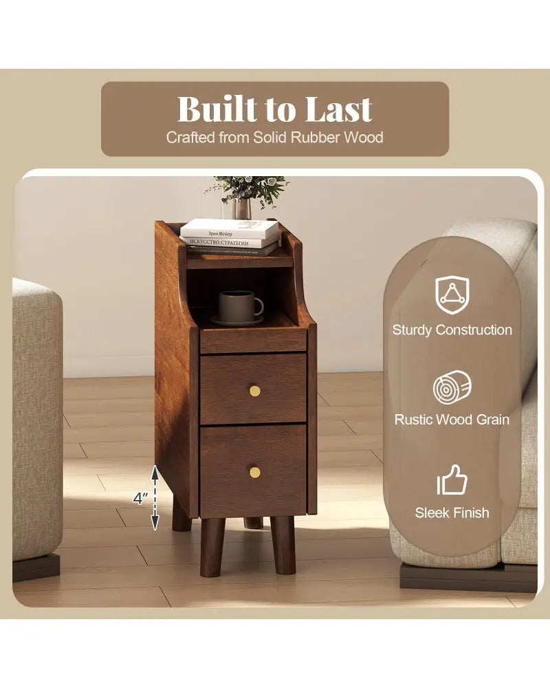 Solid Wood End Table Narrow Bedside Table with Pull-out Tray and 2 Storage Drawers-Brown - Brown - Nightstands