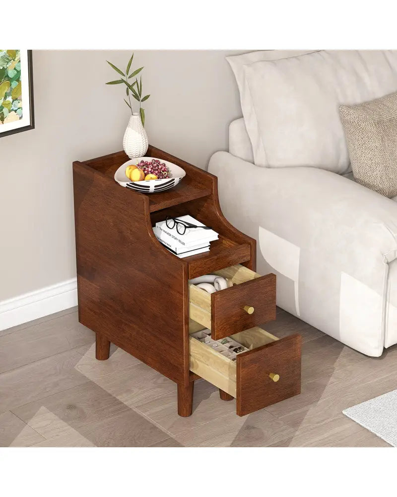 Solid Wood End Table Narrow Bedside Table with Pull-out Tray and 2 Storage Drawers-Brown - Brown - Nightstands