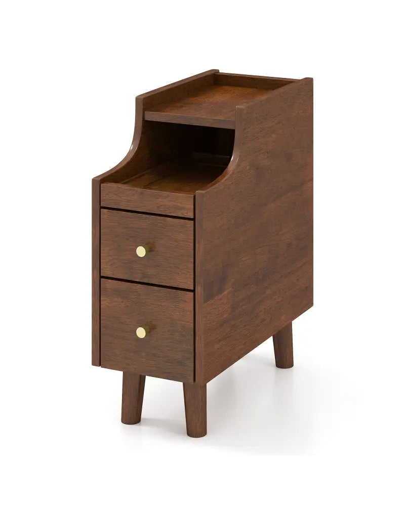 Solid Wood End Table Narrow Bedside Table with Pull-out Tray and 2 Storage Drawers-Brown - Brown - Nightstands