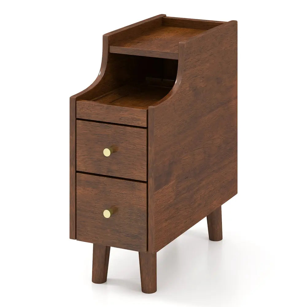 Solid Wood End Table Narrow Bedside Table with Pull-out Tray and 2 Storage Drawers-Brown - Brown - Nightstands