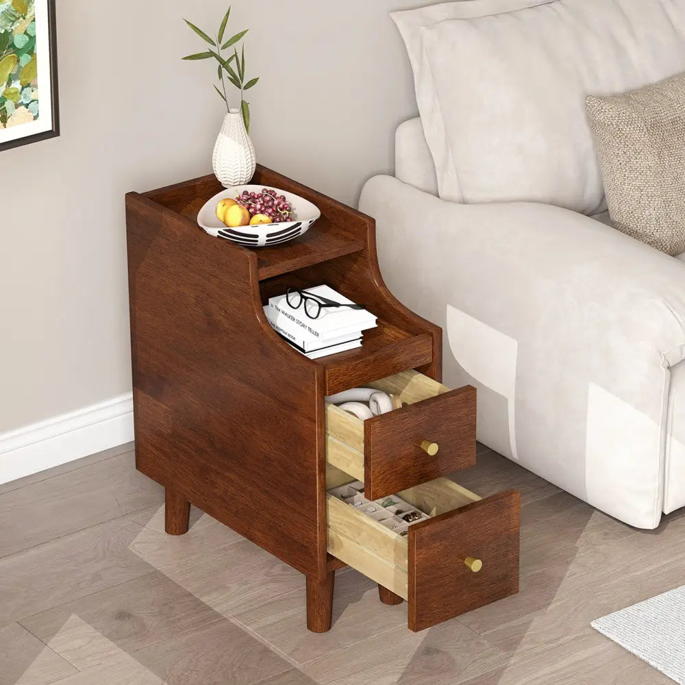 Solid Wood End Table Narrow Bedside Table with Pull-out Tray and 2 Storage Drawers-Brown - Brown - Nightstands