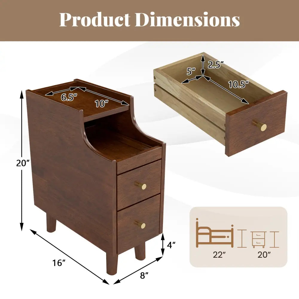 Solid Wood End Table Narrow Bedside Table with Pull-out Tray and 2 Storage Drawers-Brown - Brown - Nightstands
