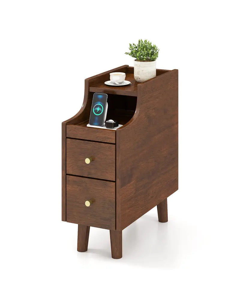 Solid Wood End Table Narrow Bedside Table with Pull-out Tray and 2 Storage Drawers-Brown - Brown - Nightstands
