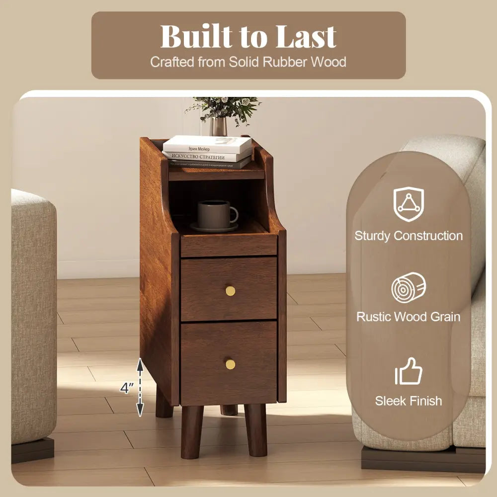 Solid Wood End Table Narrow Bedside Table with Pull-out Tray and 2 Storage Drawers-Brown - Brown - Nightstands