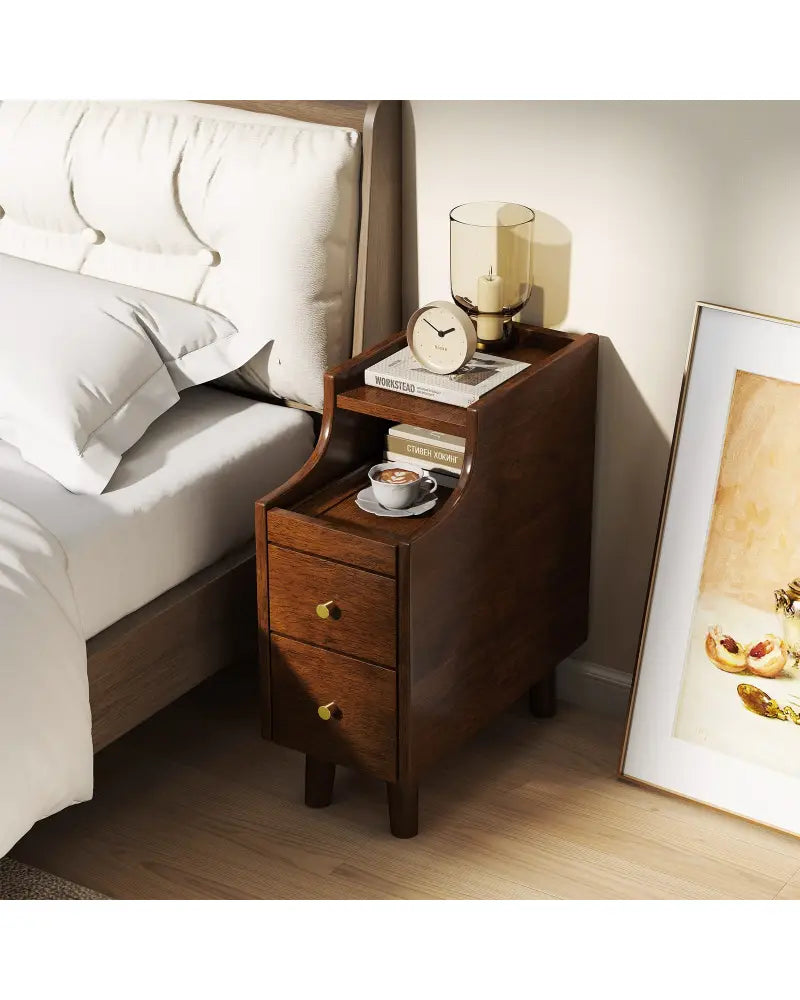 Solid Wood End Table Narrow Bedside Table with Pull-out Tray and 2 Storage Drawers-Brown - Brown - Nightstands