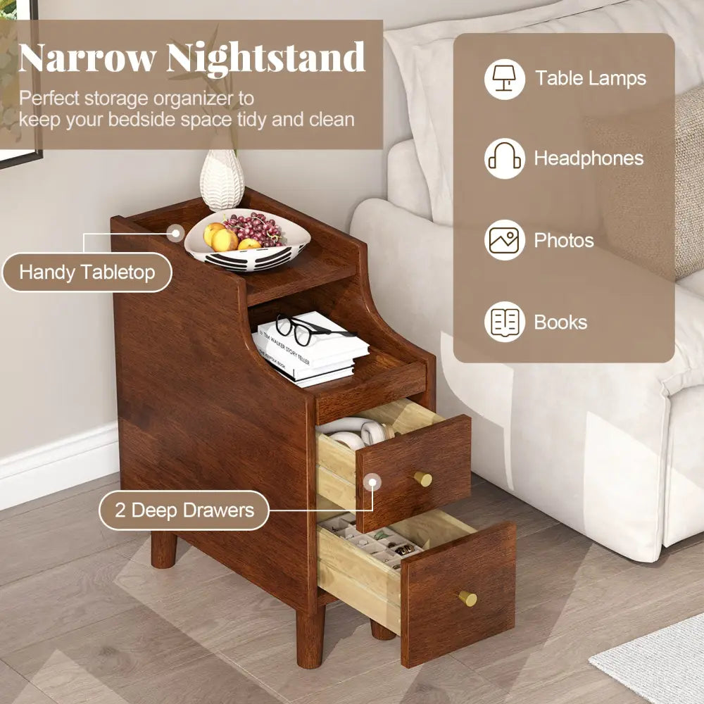 Solid Wood End Table Narrow Bedside Table with Pull-out Tray and 2 Storage Drawers-Brown - Brown - Nightstands